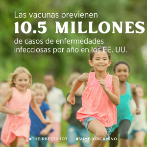 Niños corren con las palabras "Las vacunas de rutina previenen 10.5 millones de casos de enfermedades infecciosas por año en los EE. UU."