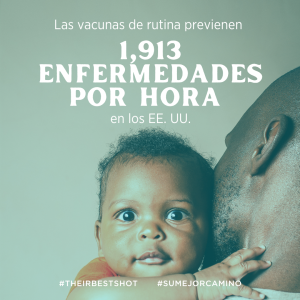 Un padre con su bebé con las palabras "Las vacunas de rutina previenen 1,913 enfermedades Por HORA en los EE.UU."