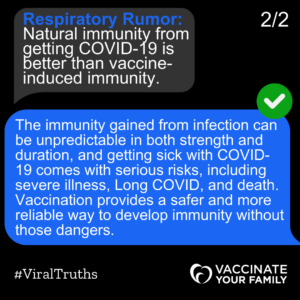 Text bubbles on iPhone discussing why COVID-19 vaccination is better than natural immunity