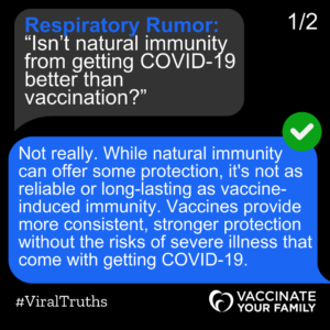 Text bubbles on iPhone discussing why COVID-19 vaccination is better than natural immunity