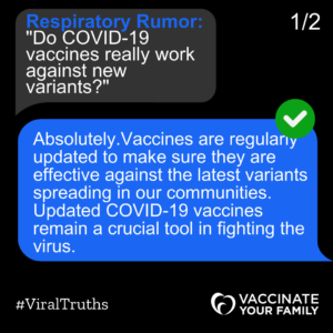 Text bubbles on iPhone discussing why updated COVID-19 vaccines are effective against new variants