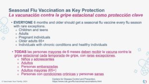 Slide from flu training PowerPoint stating everyone should get flu vaccine with rare exceptions