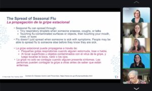 Screenshot of online flu training presenting powerpoint slide on flu transmission