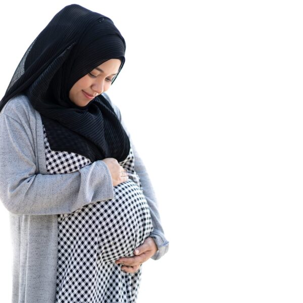 Asian,Muslim,Indonesian,Pregnant,Woman,Holding,Hands,On,Her,Belly